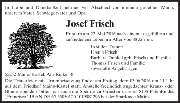 Traueranzeige von Josef Frisch von  Allgemeine Zeitung Mainz Traueranzeige von Josef Frisch von  Allgemeine Zeitung Mainz
