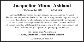 Traueranzeige von Jacqueline Minne Ashland von  Kreisanzeiger