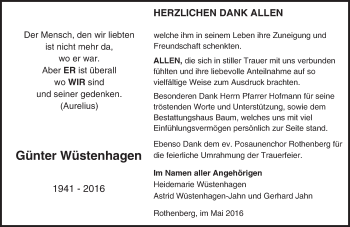 Traueranzeige von Günter Wüstenhagen von Trauerportal Echo Online