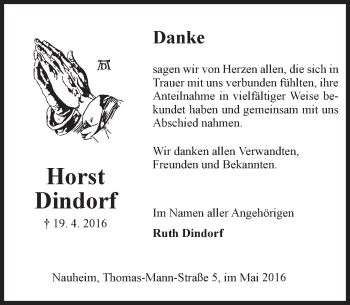 Traueranzeige von Horst Dindorf von  Mainspitze