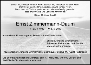 Traueranzeige von Ernst Zimmermann-Daum von  Allgemeine Zeitung Mainz