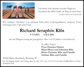 Traueranzeige von Richard Seraphin Klös von  Allgemeine Zeitung Mainz