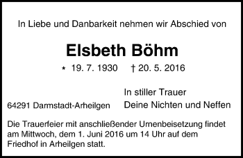 Traueranzeige von Elsbeth Böhm von Trauerportal Echo Online