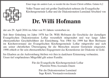 Traueranzeige von Willi Hofmann von  Gießener Anzeiger