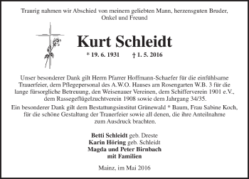 Traueranzeige von Kurt Schleidt von  Allgemeine Zeitung Mainz