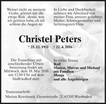 Traueranzeige von Christel Peters von  Wiesbaden komplett