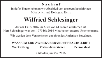 Traueranzeige von Wilfried Schlesinger von  Wormser Zeitung
