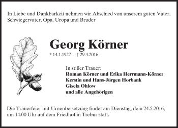 Traueranzeige von Georg Körner von Trauerportal Echo Online