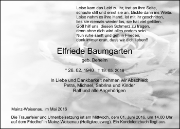 Traueranzeige von Elfriede Baumgarten von  Allgemeine Zeitung Mainz Traueranzeige von Elfriede Baumgarten von  Allgemeine Zeitung Mainz