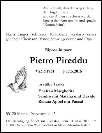 Traueranzeige von Pietro Pireddu von  Allgemeine Zeitung Mainz Traueranzeige von Pietro Pireddu von  Allgemeine Zeitung Mainz