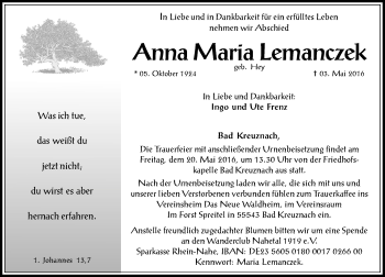 Traueranzeige von Anna Maria Lemanczek von  Allg. Zeitung Bad Kreuznach