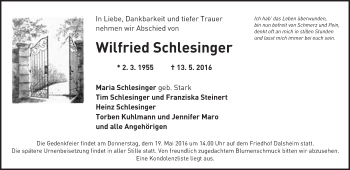 Traueranzeige von Wilfried Schlesinger von  Wormser Zeitung
