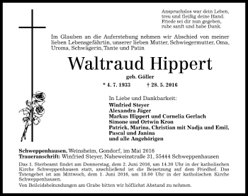 Traueranzeige von Waltraud Hippert von  Allg. Zeitung Bad Kreuznach