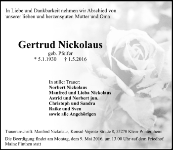 Traueranzeige von Gertrud Nickolaus von  Allgemeine Zeitung Mainz