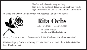 Traueranzeige von Rita Ochs von  Allgemeine Zeitung Mainz Traueranzeige von Rita Ochs von  Allgemeine Zeitung Mainz