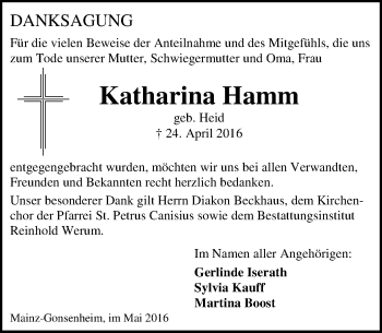 Traueranzeige von Katharina Hamm von  Allgemeine Zeitung Mainz