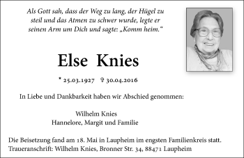 Traueranzeige von Else Knies von Trauerportal Echo Online