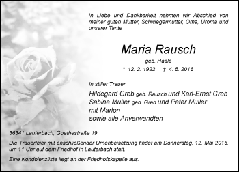 Traueranzeige von Maria Rausch von VRM Trauer