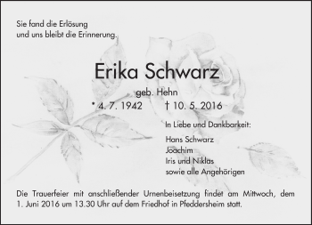 Traueranzeige von Erika Schwarz von  Wormser Zeitung