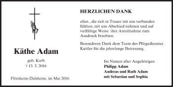 Traueranzeige von Käthe Adam von  Wormser Zeitung