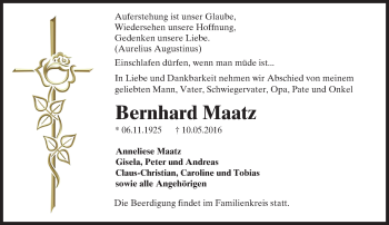 Traueranzeige von Bernhard Maatz von Trauerportal Echo Online