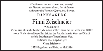 Traueranzeige von Finni Zeislmeier von  Allgemeine  Zeitung Ingelheim-Bingen