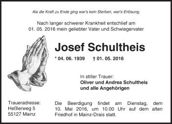 Traueranzeige von Josef Schultheis von  Allgemeine Zeitung Mainz Traueranzeige von Josef Schultheis von  Allgemeine Zeitung Mainz