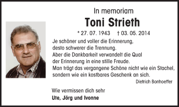 Traueranzeige von Toni Strieth von  Allgemeine  Zeitung Ingelheim-Bingen