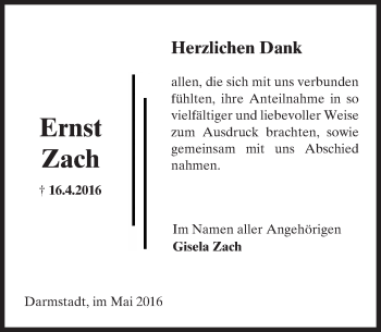 Traueranzeige von Ernst Zach von Trauerportal Echo Online