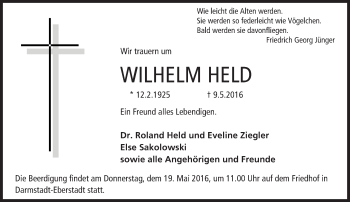 Traueranzeige von Wilhelm Held von Trauerportal Echo Online