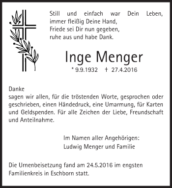 Traueranzeige von Inge Menger von  Wormser Zeitung