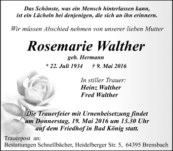 Traueranzeige von Rosemarie Walther von Trauerportal Echo Online