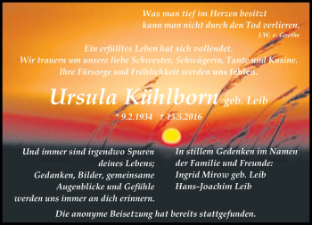 Traueranzeige von Ursula Kühlborn von Trauerportal Echo Online