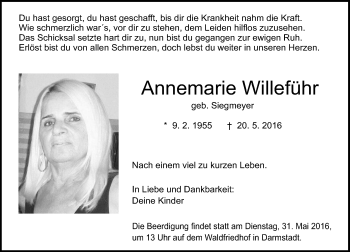 Traueranzeige von Annemarie Willeführ von Trauerportal Echo Online