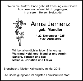 Traueranzeige von Anna Jemenz von  Allgemeine Zeitung Alzey