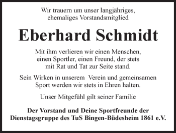 Traueranzeige von Eberhard Schmidt von  Allgemeine  Zeitung Ingelheim-Bingen