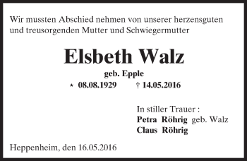 Traueranzeige von Elsbeth Walz von Trauerportal Echo Online