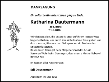 Traueranzeige von Katharina Dautermann von  Allgemeine  Zeitung Ingelheim-Bingen