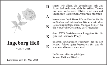 Traueranzeige von Ingeborg Heß von  Gießener Anzeiger