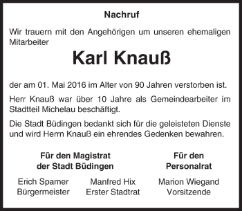 Traueranzeige von Karl Knauß von  Kreisanzeiger