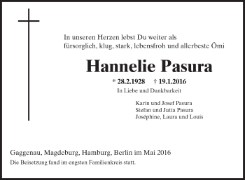 Traueranzeige von Hannelie Pasura von  Mainspitze