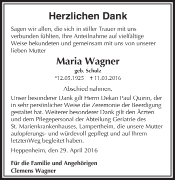 Traueranzeige von Maria Wagner von Trauerportal Echo Online