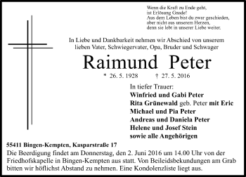 Traueranzeige von Raimund Peter von  Allgemeine  Zeitung Ingelheim-Bingen