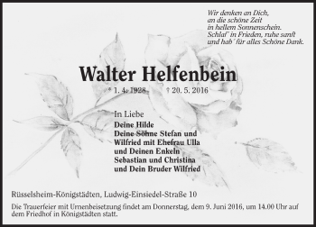 Traueranzeige von Walter Helfenbein von Trauerportal Echo Online