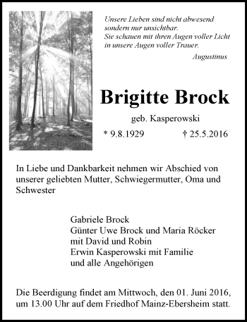 Traueranzeige von Brigitte Brock von  Allgemeine Zeitung Mainz Traueranzeige von Brigitte Brock von  Allgemeine Zeitung Mainz