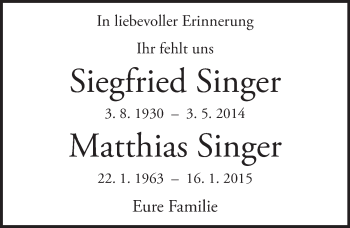 Traueranzeige von Siegfried Singer von  Allgemeine Zeitung Mainz