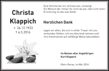 Traueranzeige von Christa Klappich von Trauerportal Echo Online