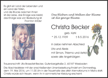 Traueranzeige von Christa Becker von  Allgemeine Zeitung Mainz