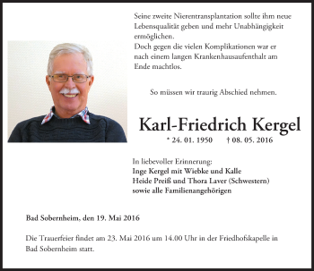 Traueranzeige von Karl-Friedrich Kergel von  Allg. Zeitung Bad Kreuznach