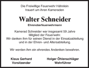 Traueranzeige von Walter Schneider von Trauerportal Echo Online